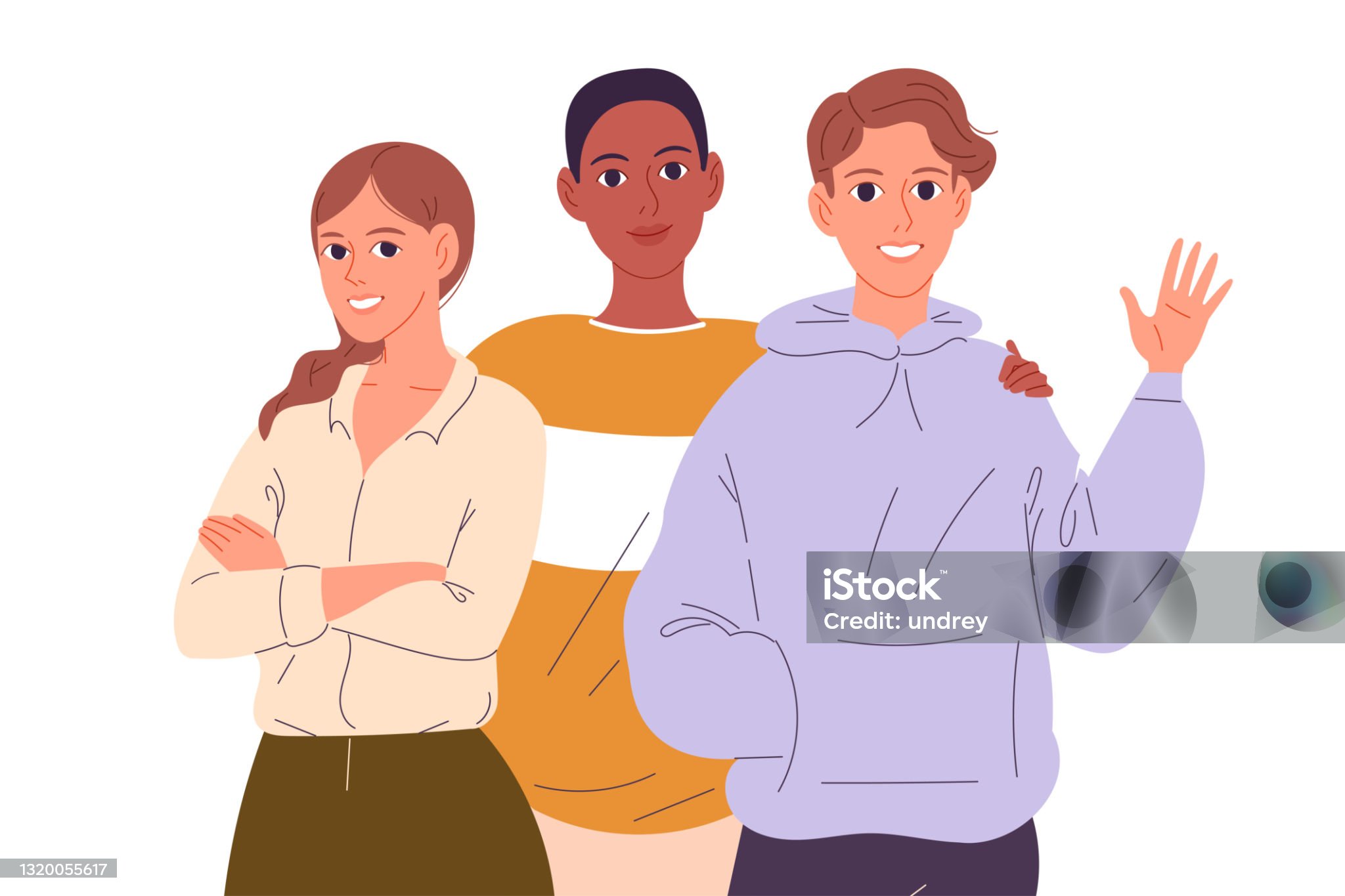 Friends standing together, embracing waving hands. Vector illustration